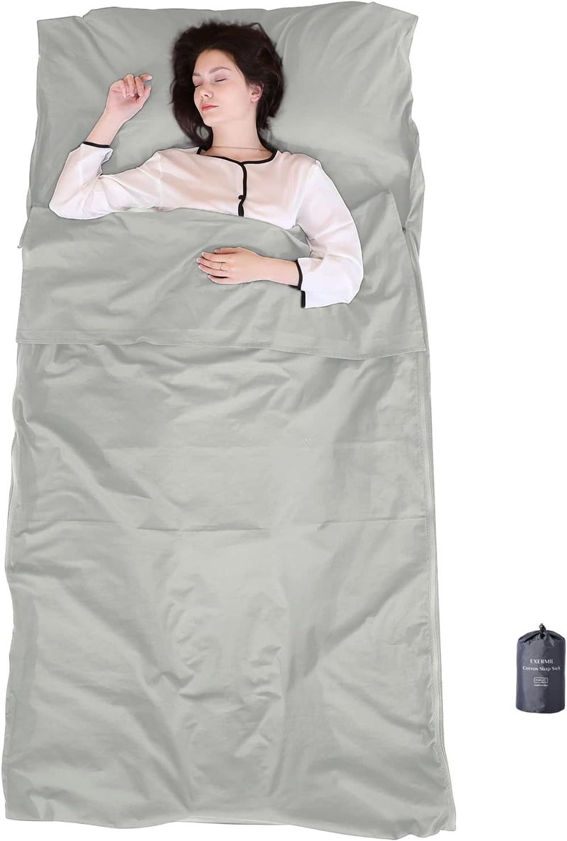 EXERMIL 100% Cotton Sleeping Bag Liner with Full Length Zipper on 3 Sides; Single/Double Adult Sleep Sack for Travel & Camping, Multifunctional Travel Sheets (Unzipped 87”x87”) for Hotel, Lightweight - Image 1